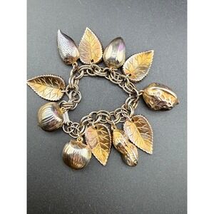 Vintage Nut Bracelet Charm Leaves‎ Gold Tone MCM 6.5"